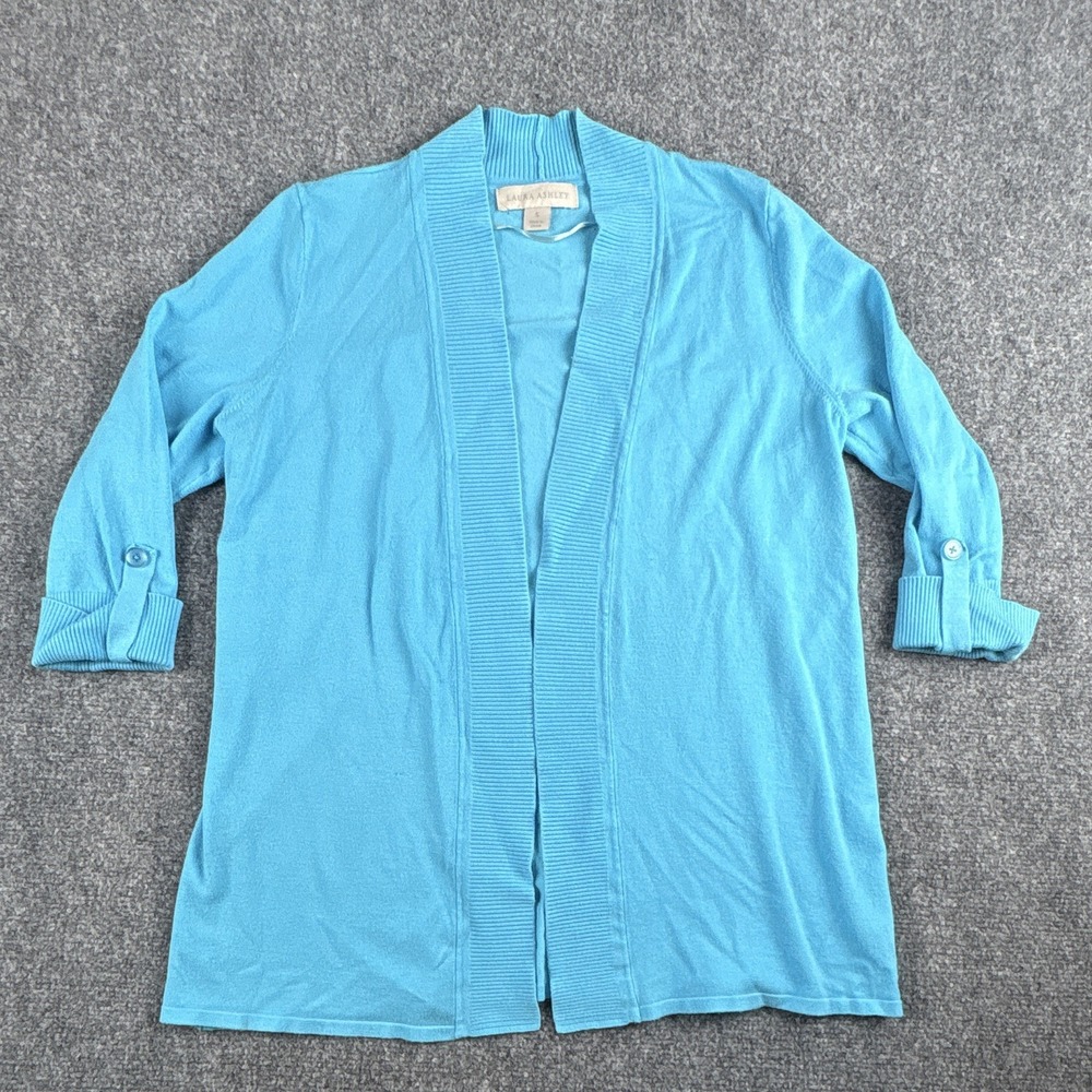 Laura Ashley Turquoise Open Front Cardigan Sweater Size S 3/4 Roll Tab Sleeve